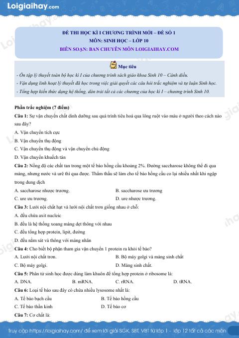 Đề thi học kì 1 Sinh 10 Cánh diều - Đề số 1